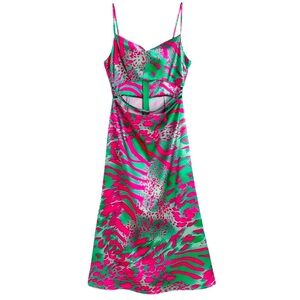 NEW Satin Leopard Print Cut-out Spaghetti Sleeveless Zip Midi Maxi Crop Dress